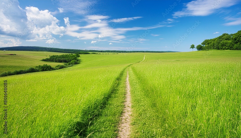 summer landscape of footpath through green pasture under beautiful blue sky