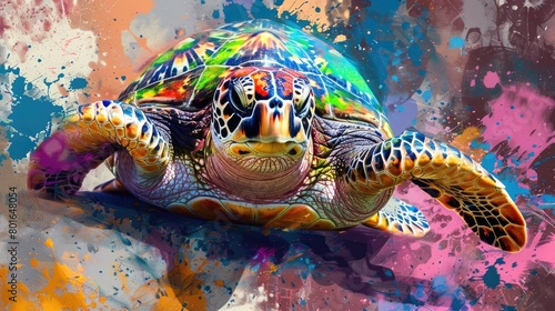 Painted animal with paint splash painting technique on colorful background turtle