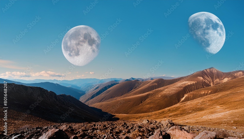 a desolate landscape with two large moons in the sky the sky is blue and the mountains are brown