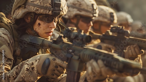 Uniformed soldiers in combat training aiming rifles outdoors