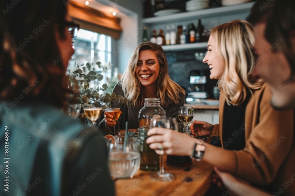Group of friends having fun and drinking beer in a pub or bar.