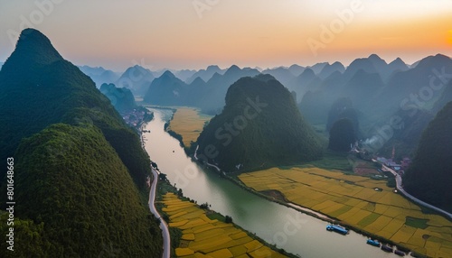 aerial landscape in phong nam valley an extreme scenery landscape at cao bang province vietnam with river nature green rice fields