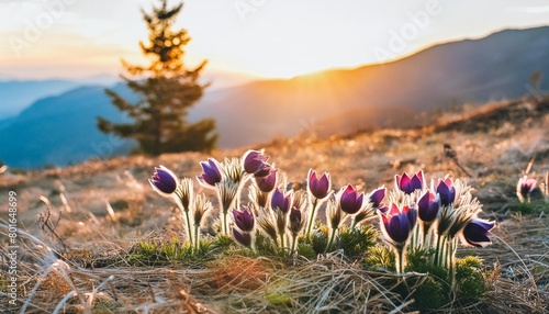 spring background with flower beautiful nature at sunset in spring time pasque flower pulsatilla grandis photo