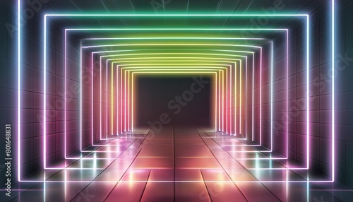 abstract neon light geometric background glowing neon lines empty futuristic stage laser colorful rectangular laser lines square tunnel night club empty room