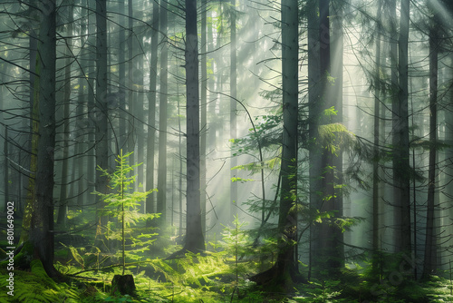 A tranquil forest scene with sunlight filtering through the trees