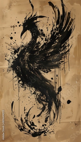 bird black paint piece paper rustic enormous secure fiery golden wings flame modern calligraphy unbroken photo