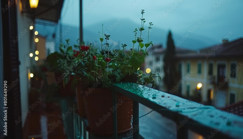Rainy Evening on a Cozy Urban Balcony. Raindrops on a balcony railing with vibrant flowers and a foggy mountain background in the evening. Rainy Evening on a Cozy Urban Balcony. Raindrops on a balcony railing with vibrant flowers and a foggy mountain background in the evening.