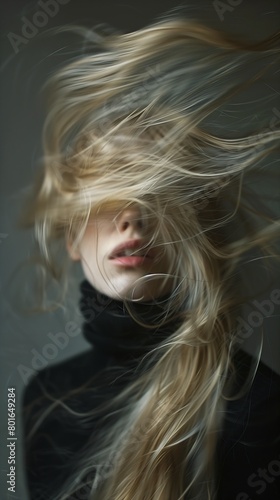 blond woman long hair blowing wind flipped out fashion edition freeze time emotionally numb black turtleneck faceless pale gravity mess warp