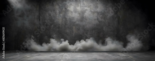 Empty dark abstract cement wall and studio room with smoke float up interior texture for display products wall background. photo