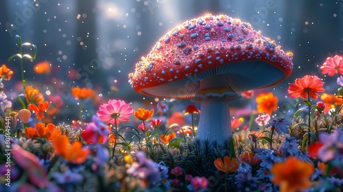 mushroom sitting middle field flowers candy forest fairy wings entertainment magical sparkling colored cute