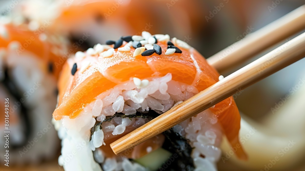 Close up delicious sushi piched with chopsticks Close up delicious sushi piched with chopsticks