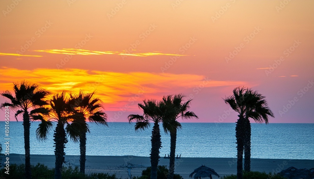 cartoon panoramic landscape sunset with palm trees on a colorful background ocean with palm trees at sunset