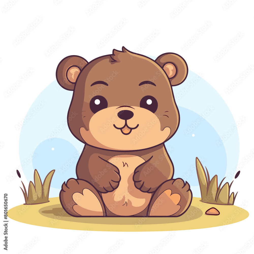 Fototapeta premium Cute cartoon bear sitting on the grass. Vector illustration in a flat style.