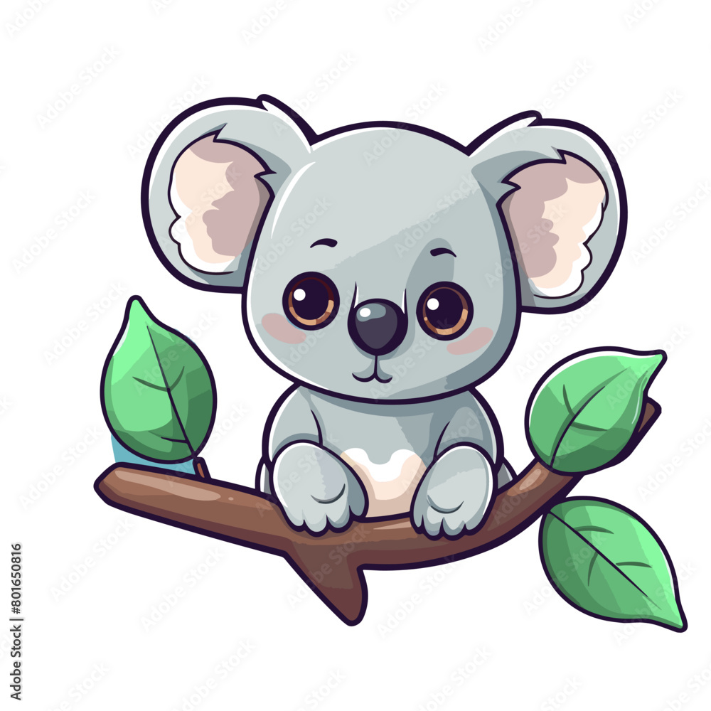 Cute koala on a branch with leaves. Vector illustration. Cute koala on a branch with leaves. Vector illustration.