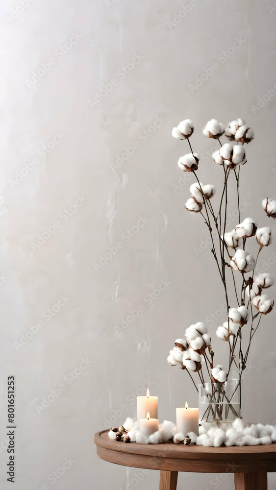 Stylish table with cotton flowers and aroma candles near light wall with copy space, vertical orientation