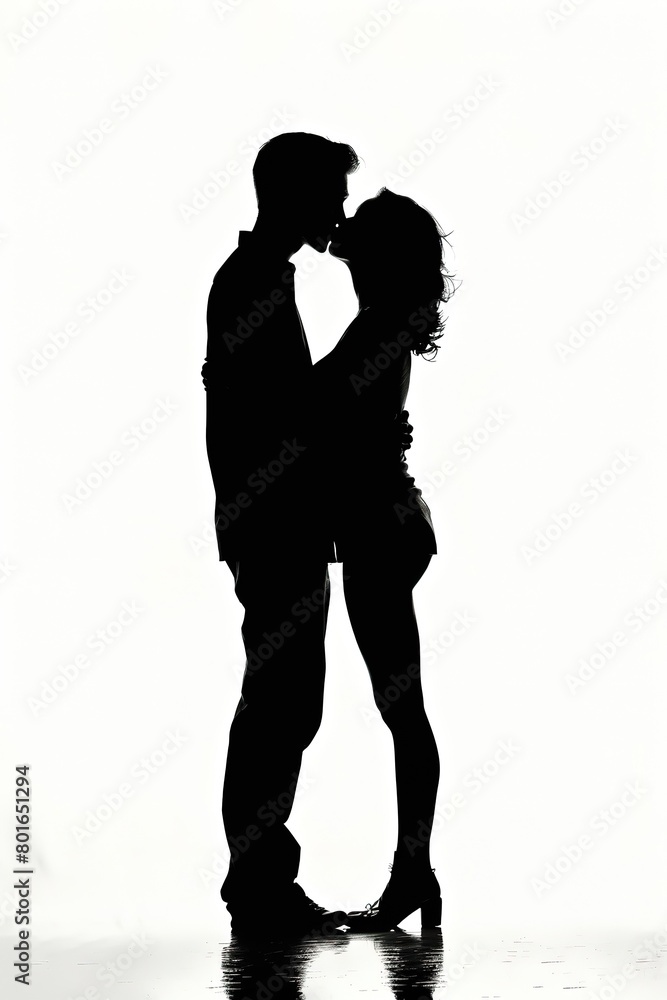 A silhouette of a couple romantically kissing in profile, the girl shorter in height, full body on white background. Vector logo