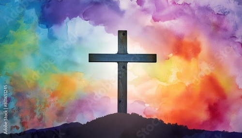 cross of jesus christ on a colorful watercolor background