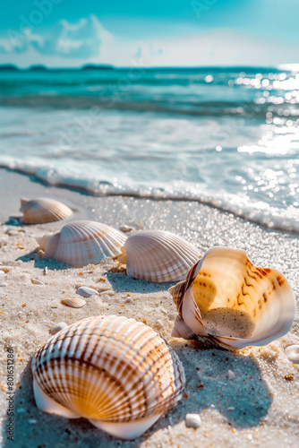 seashells on the sandy tropical beach. High quality photo