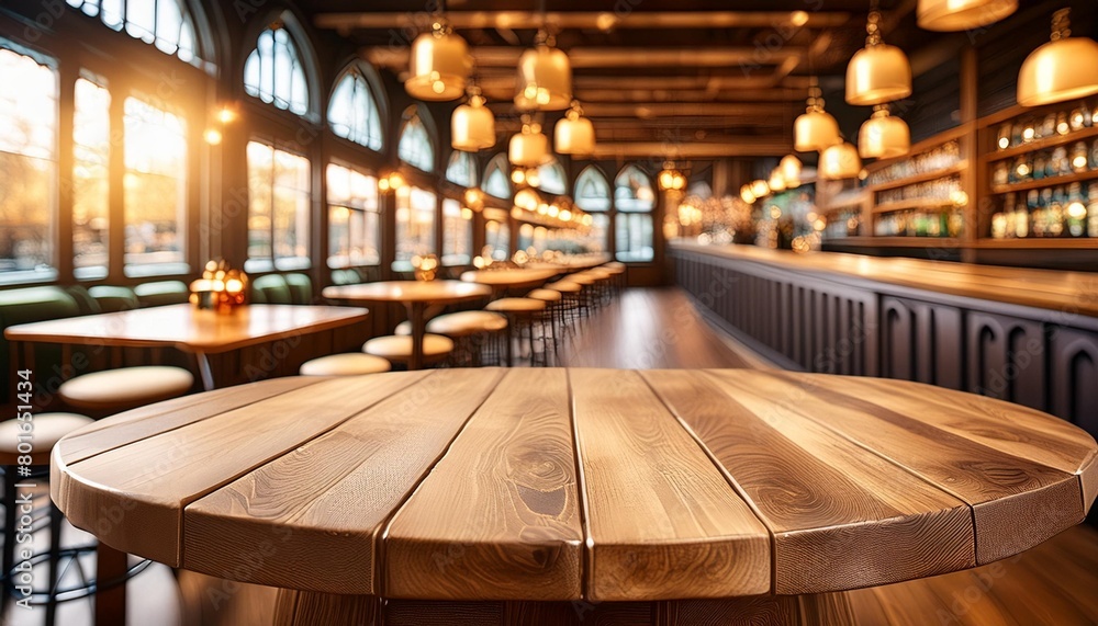 wooden round table and pub or bar blur background