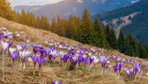 closeup of blooming crocus flowers on the glade spring nature background on a sunny day in primeval forest © Dayami