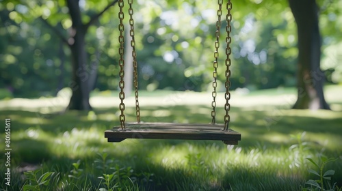 A serene scene of a child's empty swing, gently swaying in the breeze, evoking the absence of laughter and play on World Day Against Child Labor. photo