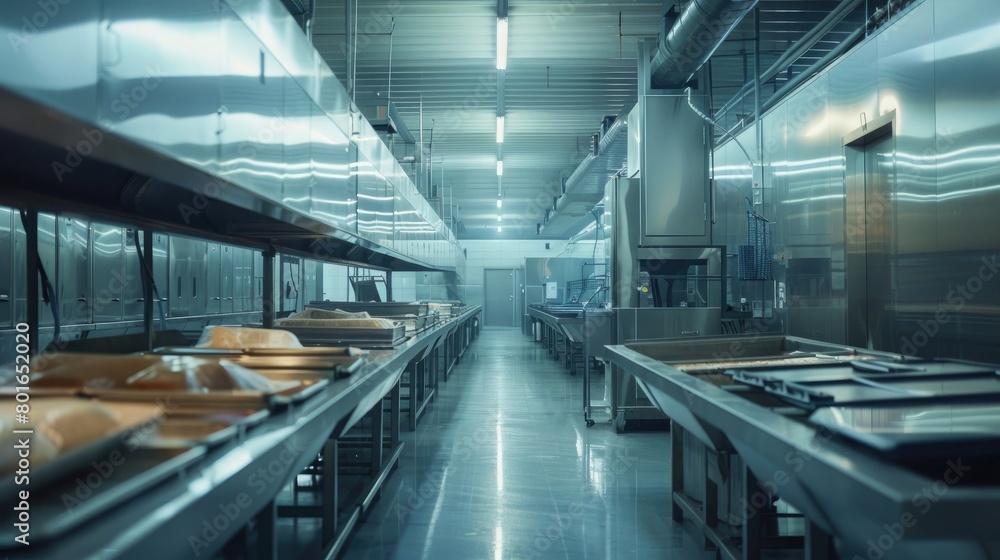A serene scene of a food processing facility, with state-of-the-art equipment and strict safety protocols, showcasing the commitment to food safety on World Food Safety Day.