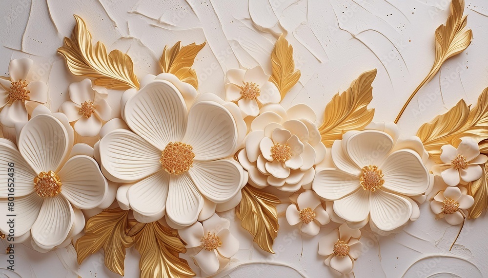 light decorative texture of a plaster wall with voluminous decorative flowers and golden elements