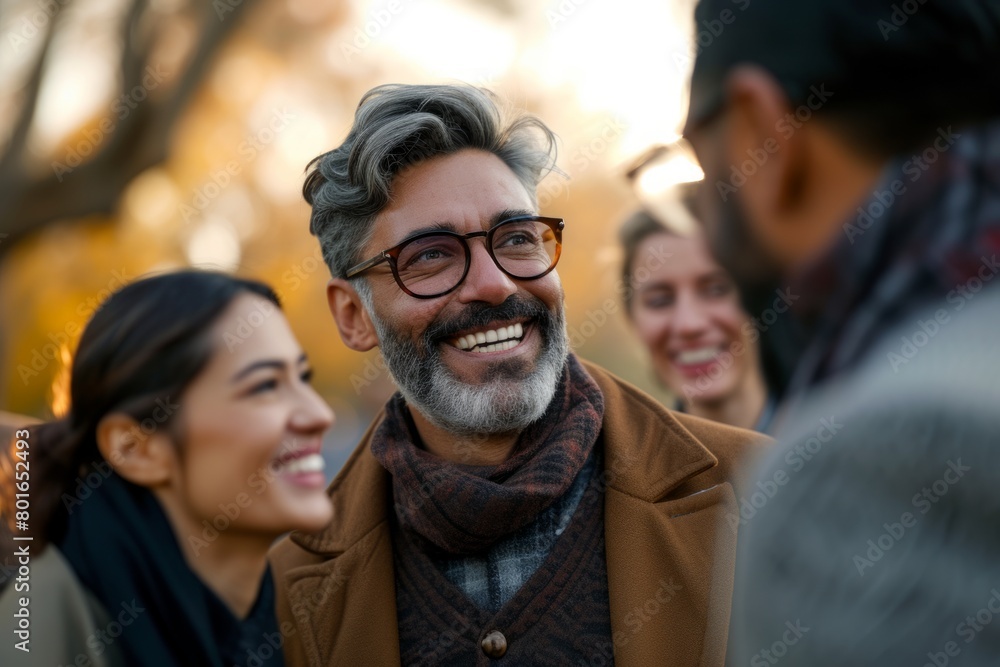 Group of friends having fun in the city. Cheerful middle-aged man with a beard and glasses looking at the camera and laughing.