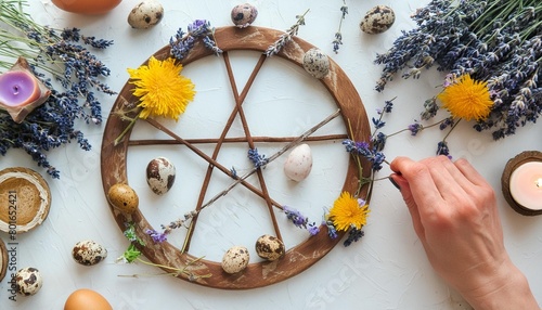 wiccan altar for spring ostara sabbath wheel of the year with flowers and eggs esoteric ritual for ostara pagan holiday magical spring equinox flat lay