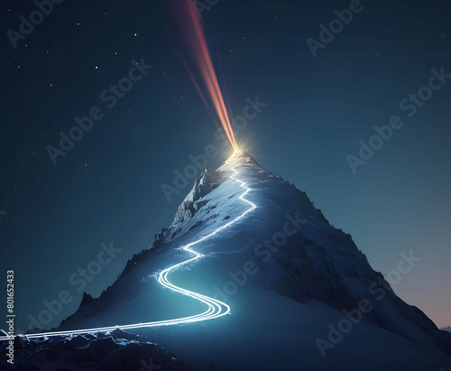 Path to mountain top, mountain with a light trail going up it's side in the night time with a bright light coming from the top photo