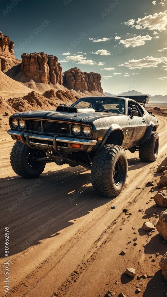 A steampunk car in the desert