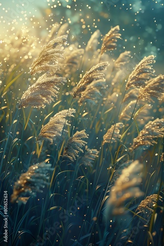 grass blowing wind scattered golden flakes bullrushes high details dreamy lighting attribution raining cotton princess phragmites