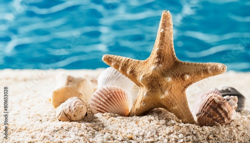 starfish and seashells on the summer beach in sea water summer background summer time