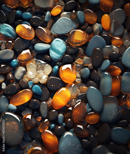 Close-up of smooth, colorful pebbles with vibrant hues and a glossy finish, symbolizing tranquility and balance.