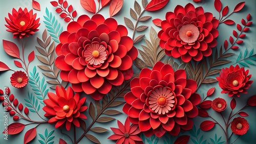 An array of scarlet paper flowers, each petal meticulously shaped, presents a harmonious design with a concept ideal for wall art or home decor