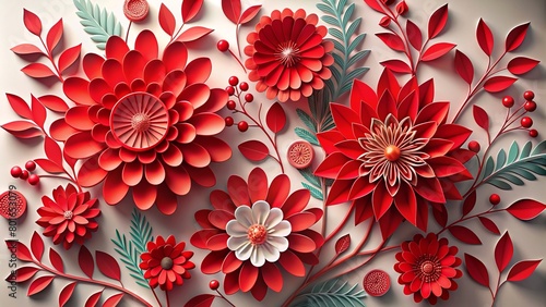 This image features a vibrant composition of red and white paper flowers in a flat lay format. It’s ideal for decorative applications, aimed at interior design visuals or artistic presentations