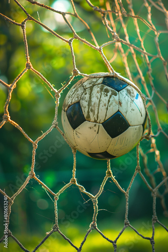soccer ball in a goal net close up. High quality photo