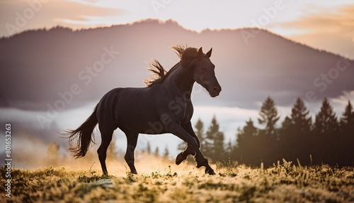 running black horse warmblood at morning field photo