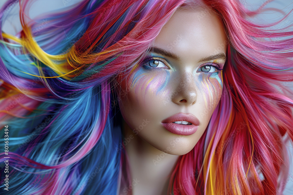 illustration with beauty fashion model girl with colorful long dyed hair. Portrait of a beautiful woman with colouring rainbow hair, long hair.