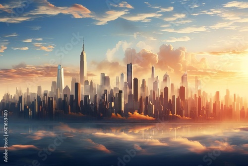 A beautiful cityscape of a modern city with skyscrapers and a blue sky.