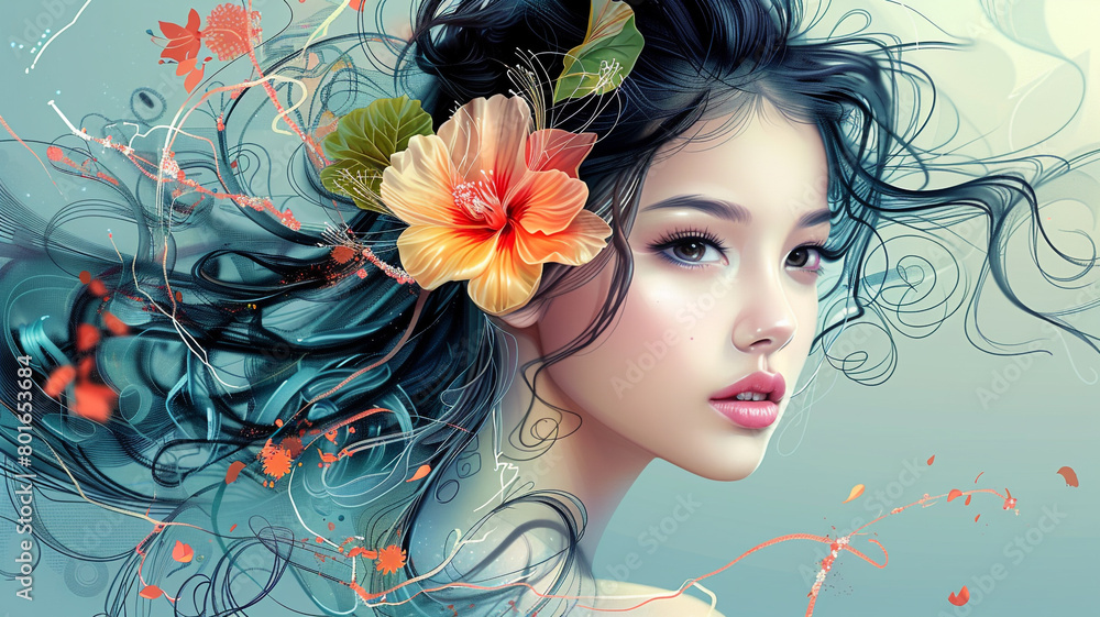 beautiful art, lady with nice hair and flower, vector illustration.