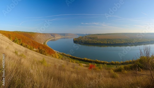 scenic panorama view of dnister river in ukraine incredible nature landscape amazing autumn scenery majestic calm river and perfect sky over dnister canyon of ukraine popular touristic landsmarks photo
