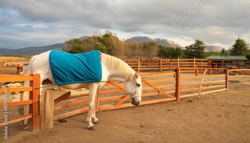 white horse with blue blanket in a wooden corral photo
