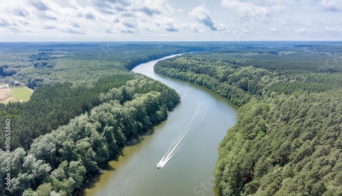 an aerial view of a river in the middle of a forest with lots of green trees on both sides of the river and a boat in the middle of the water © Dayami