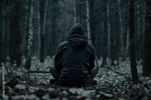 Lonely man sits in the dark autumn forest in the middle of nowhere. Stalker, rear view. Depression and solitude photo