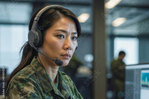 Serious Asian female military surveillance officer in headset working in the central army office for cyber operations, army call center