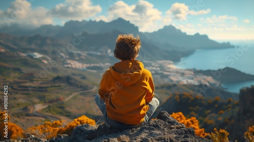 young boy sitting rock looking out valley lens flares carles curly blonde hair wearing hoodie flowers color grading bright wherever photo