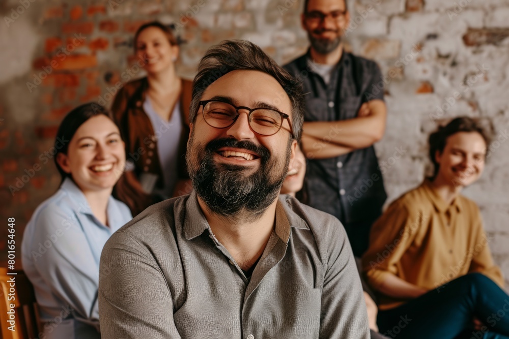 Portrait of happy bearded man in eyeglasses looking at camera and smiling while his colleagues sitting on background Portrait of happy bearded man in eyeglasses looking at camera and smiling while his colleagues sitting on background