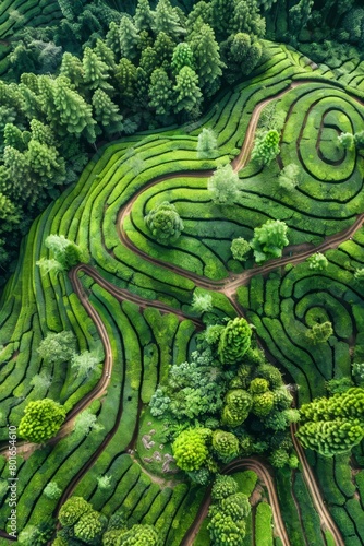 tea plantations from a bird's eye view Generative AI