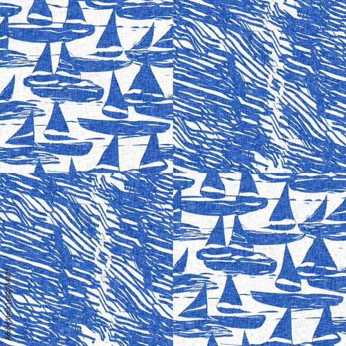 Coastal summer patchwork sail boat in azure ocean blue seamless background. Modern seaside beach cottage home decor boat block effect print for decorative coast interior furnishing fabric edge photo